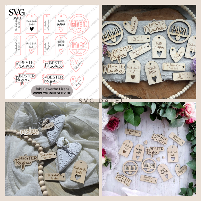 SVG Laserdatei Geschenkanhänger Mama Papa Muttertag Vatertag Etiketten Tags SVG-Datei
