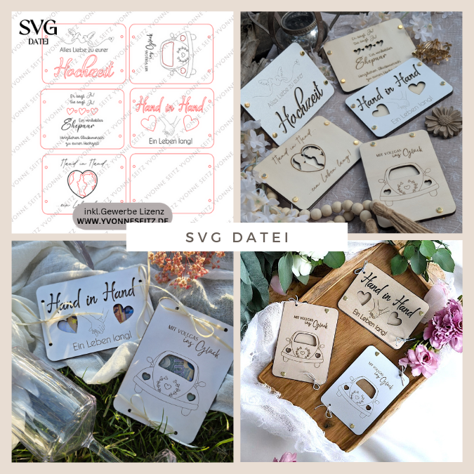 SVG Laserdatei Hochzeit Geldgeschenk Verpackung für Geld 5 Designs Gutscheinkarten SVG-Datei