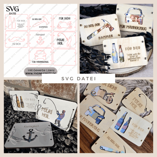 SVG Laserdatei Männer Geldgeschenk Verpackung für Geld 7 Designs Gutscheinkarten Vatertag Angeln Motorrad Auto Bier Hammer SVG-Datei