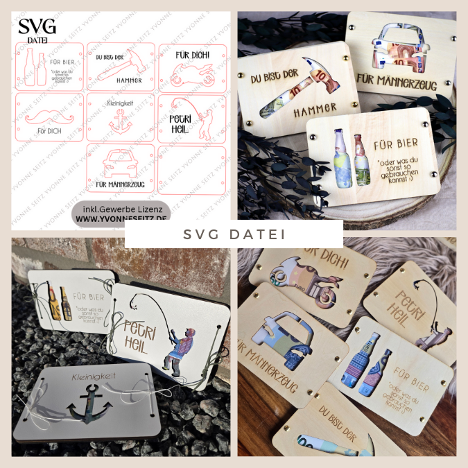 SVG Laserdatei Männer Geldgeschenk Verpackung für Geld 7 Designs Gutscheinkarten Vatertag Angeln Motorrad Auto Bier Hammer SVG-Datei