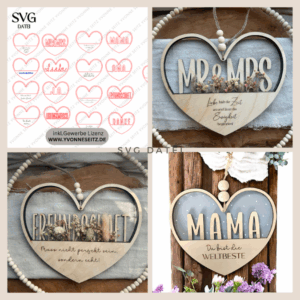 8 Designs Herzen zum Aufhängen und füllen mit Blumen oder Geld Hochzeit Muttertag Dankeschön Freundschaft Mama Oma Danke SVG Laserdatei Lasercut