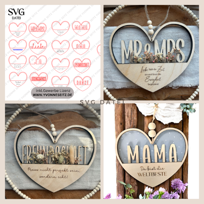 8 Designs Herzen zum Aufhängen und füllen mit Blumen oder Geld Hochzeit Muttertag Dankeschön Freundschaft Mama Oma Danke SVG Laserdatei Lasercut