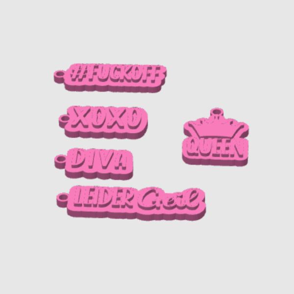 STL 3D Druck Datei Schlüsselanhänger 5er MIX 2 Statements Leider Geil, Diva, Queen, Fuckoff, XoXo 3D-Druck Datei – Bild 2