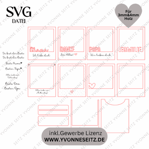 SVG Laserdatei Polaroids mit Ständer für 3mm und 4mm Holz Muttertag Vatertag Mama Papa Familie SVG Datei – Bild 2
