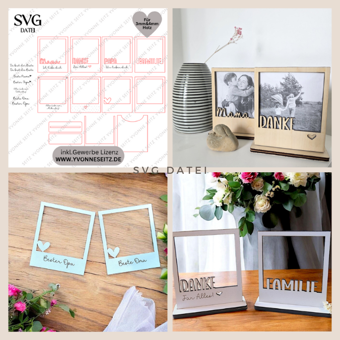SVG Laserdatei Retrorahmen Vintagerahmen mit Ständer für 3mm und 4mm Holz Muttertag Vatertag Mama Papa Familie SVG Datei