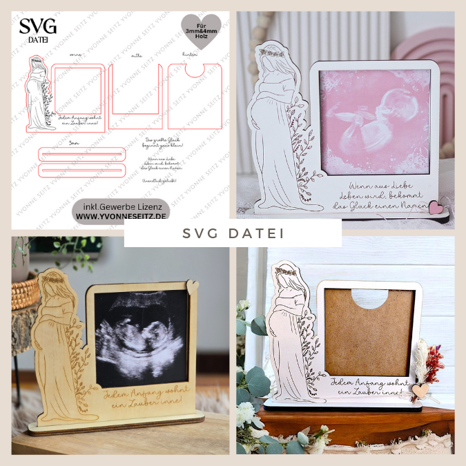 SVG Laserdatei Ständer für Ultraschallbild Schwangerschaft 3mm und 4mm Holz Muttertag Mama Familie Geburt Baby SVG Datei
