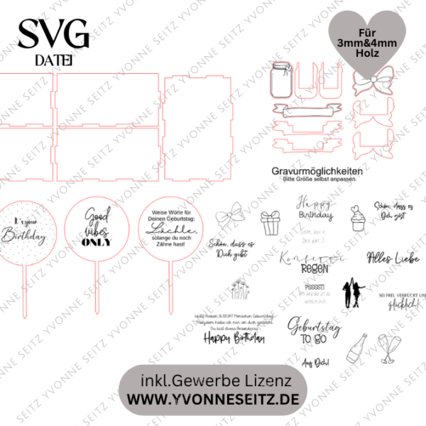 3 mm und 4 mm Geburtstags Geschenkbox Geschenk für Kleinigkeiten mit vielen Gravuren, Steckern und Dekomöglichkeiten SVG Laserdatei Laserfile Lasercut – Bild 2