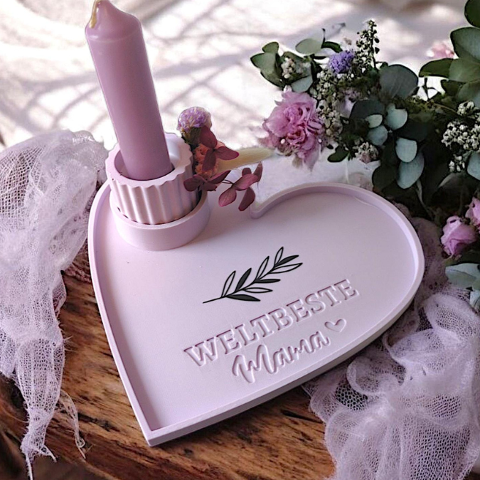 STL 3D-Druck Datei 4er Set Herzteller Dekoteller für Teelichtglas "Weltbeste Mama & Du bist wundervoll" und 2 kl Blankos 180x165 und 135x125