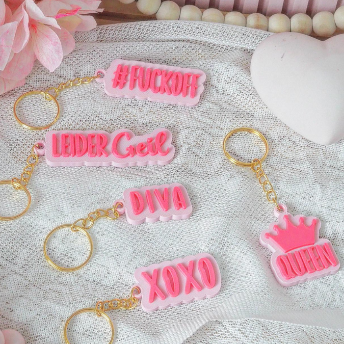 STL 3D Druck Datei Schlüsselanhänger 5er MIX 2 Statements Leider Geil, Diva, Queen, Fuckoff, XoXo 3D-Druck Datei – Bild 6
