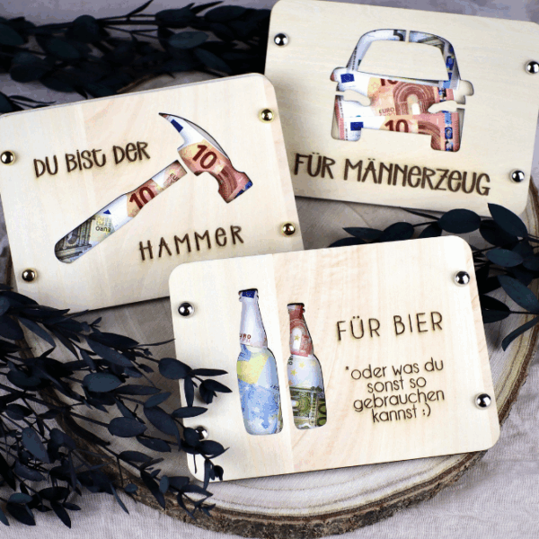 SVG Laserdatei Männer Geldgeschenk Verpackung für Geld 7 Designs Gutscheinkarten Vatertag Angeln Motorrad Auto Bier Hammer SVG-Datei – Bild 2