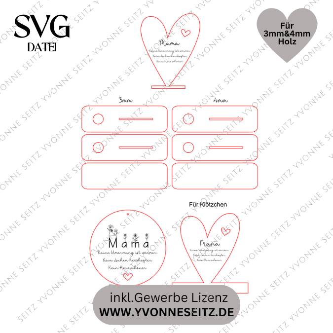 SVG Laserdatei Aufsteller 3mm und 4mm Herz und Holzscheiben Mama Muttertag Mutterliebe SVG Datei – Bild 2