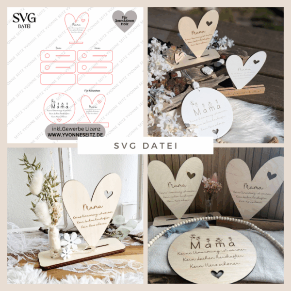 SVG Laserdatei Aufsteller 3mm und 4mm Herz und Holzscheiben Mama Muttertag Mutterliebe SVG Datei