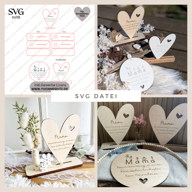 SVG Laserdatei Aufsteller 3mm und 4mm Herz und Holzscheiben Mama Muttertag Mutterliebe SVG Datei