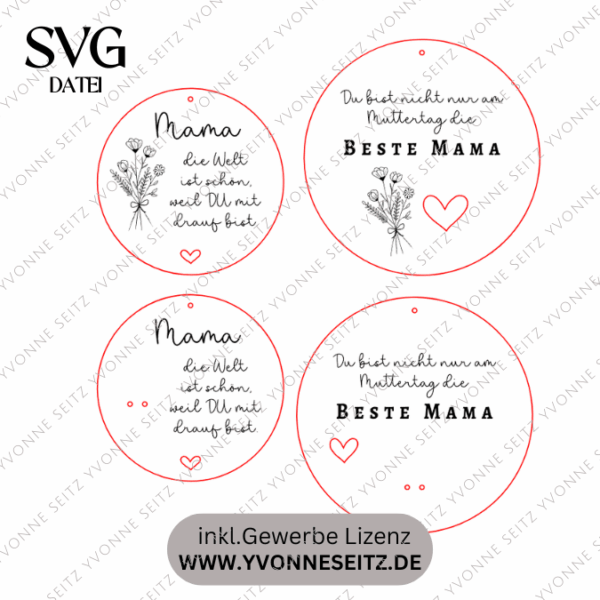 SVG Laserdatei Holzscheiben 4er Set Blumen Beste Mama Muttertag Mutterliebe SVG Datei – Bild 2