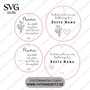 SVG Laserdatei Holzscheiben 4er Set Blumen Beste Mama Muttertag Mutterliebe SVG Datei