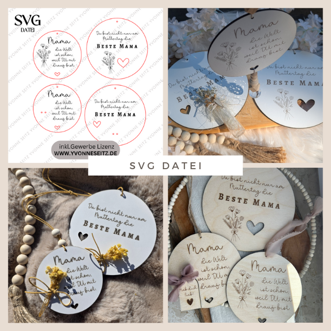 SVG Laserdatei Holzscheiben 4er Set Blumen Beste Mama Muttertag Mutterliebe SVG Datei