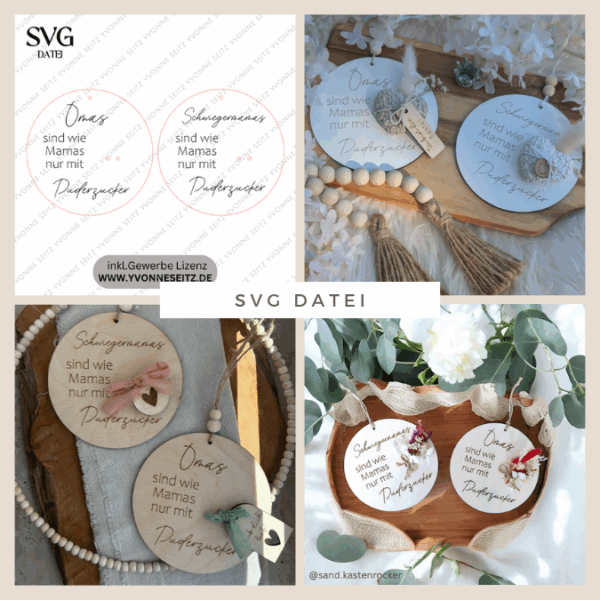 SVG Laserdatei Holzscheiben Oma Schwiegermama Schwiegermutter mit Puderzucker Muttertag Mutterliebe Wanddeko Gravur SVG Datei