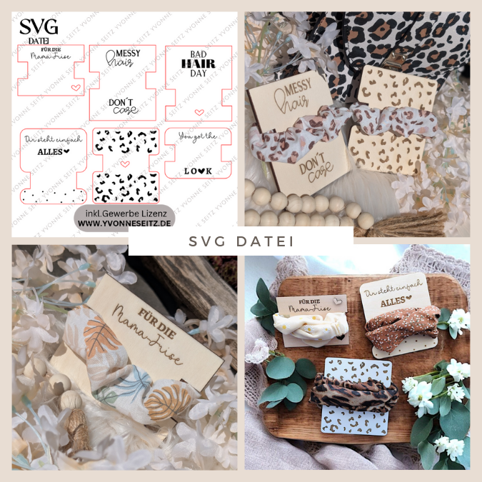 SVG Laserdatei Scrunchie Halter Verpackung für Haargummis Scrunchies 6 Designs Geschenkidde für Mama Freundin Frauen SVG-Datei