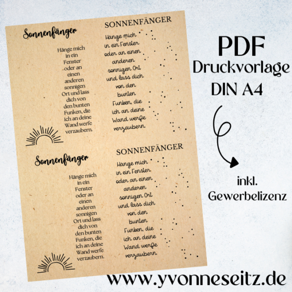 PRINT DRUCKVORLAGE PDF Verpackung Sonnenfänger Geschenkkarte 2 Designs Kleinigkeit Printable zum ausdrucken
