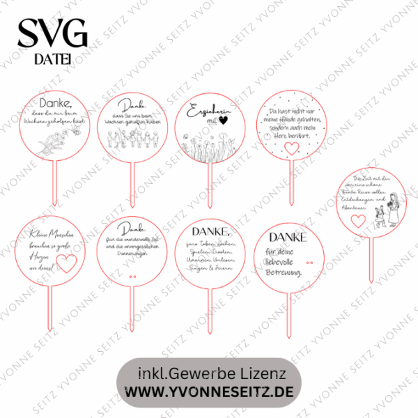 SVG Laser Datei Pflanzenstecker 9er Set Kindergartenabscheid Geschenk Erzieherin Kita KiGa SVG Datei – Bild 2