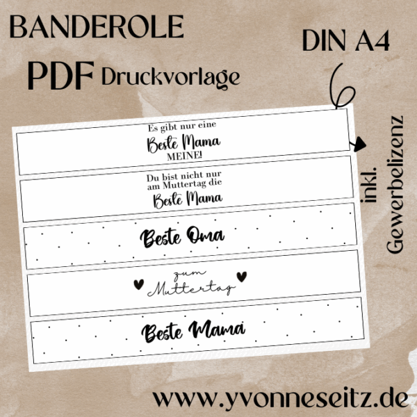 PRINT Druckvorlage PDF Banderole mit 5 Designs - Mama Muttertag Oma - A4 Printable PDF Datei zum selber drucken