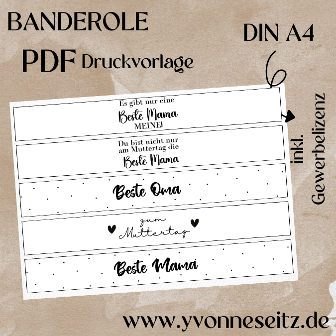 PRINT Druckvorlage PDF Banderole mit 5 Designs - Mama Muttertag Oma - A4 Printable PDF Datei zum selber drucken