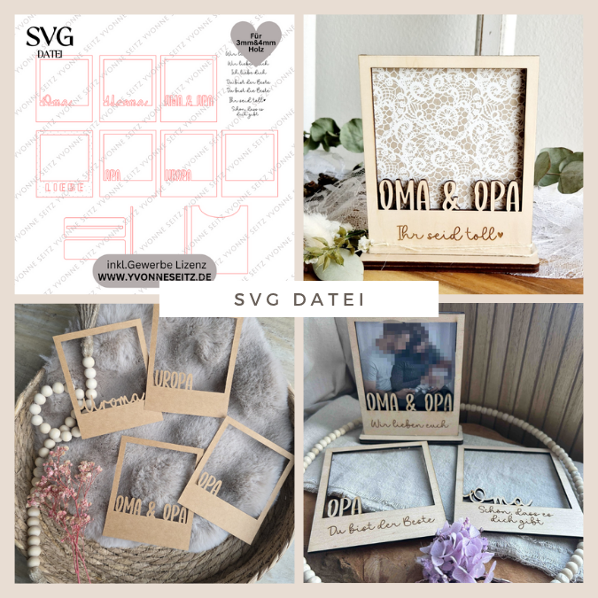 SVG Laserdatei Polaroids mit Ständer für 3mm und 4mm Holz Oma Opa Uroma Uropa Muttertag Vatertag Mama Papa Familie SVG Datei