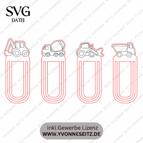 SVG Laserdatei Schulkind Einschulung 4 Designs Lesezeichen Baustelle Bagger Autos Schulstart Lesen Gescheinkidee Junge Mädchen SVG Datei – Bild 2
