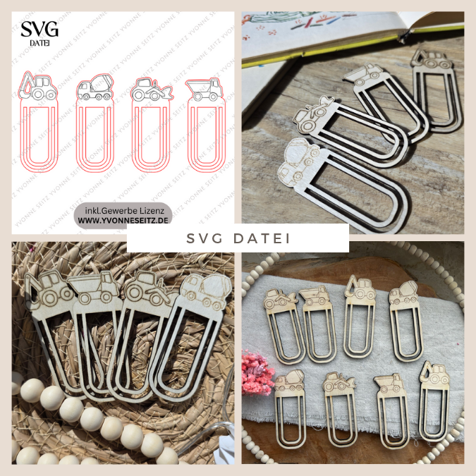 SVG Laserdatei Schulkind Einschulung 4 Designs Lesezeichen Baustelle Bagger Autos Schulstart Lesen Gescheinkidee Junge Mädchen SVG Datei