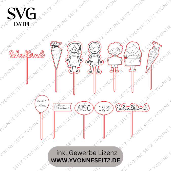 SVG Laserdatei Schulkind Einschulung 12er Set Caketopper Pflanzenstecker Gescheinkidee Junge Mädchen SVG Datei – Bild 2
