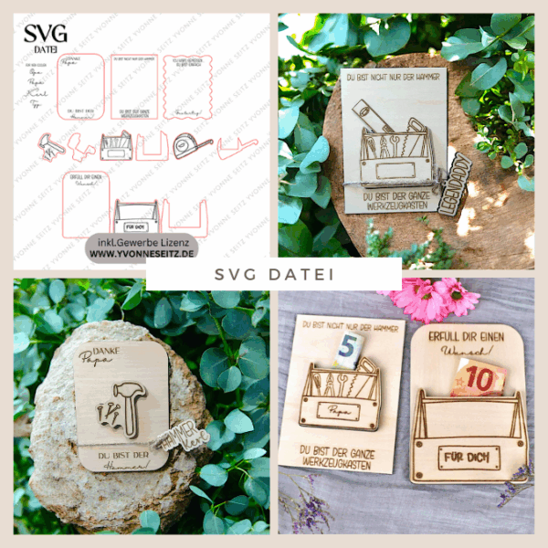 SVG Datei Karten für Gutscheine oder Geld Werkzeug Männer Geschenkidee für Papa Vatertag Opa Mann SVG Laserdatei Laserfile Lasercut Männergeschenk Mann Vater