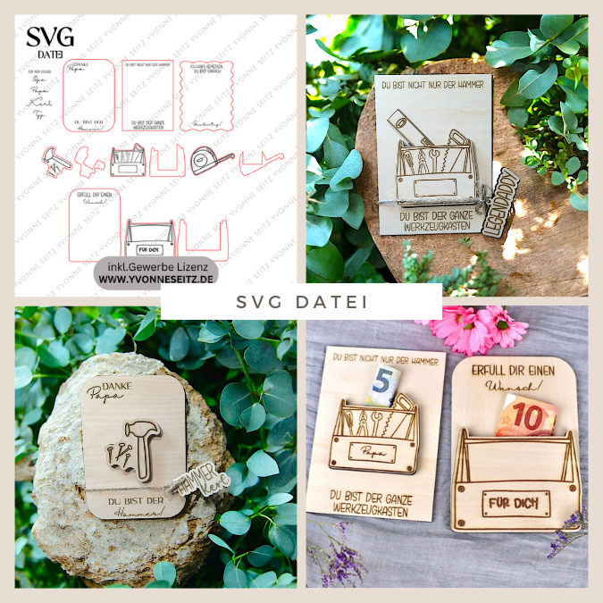 SVG Datei Karten für Gutscheine oder Geld Werkzeug Männer Geschenkidee für Papa Vatertag Opa Mann SVG Laserdatei Laserfile Lasercut Männergeschenk Mann Vater