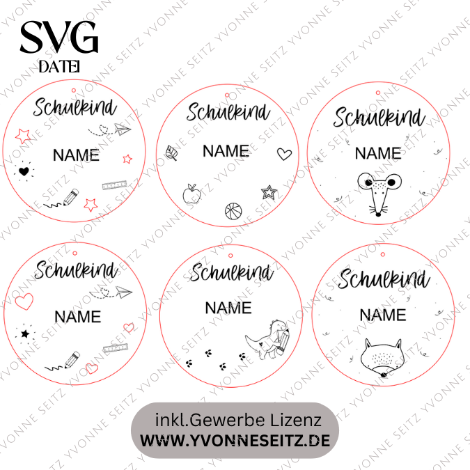 SVG Laserdatei Schulkind Einschulung Anhänger für Schulranzen Schultasche 6 Designs personalisierbar Gescheinkidee Junge Mädchen SVG Datei – Bild 2