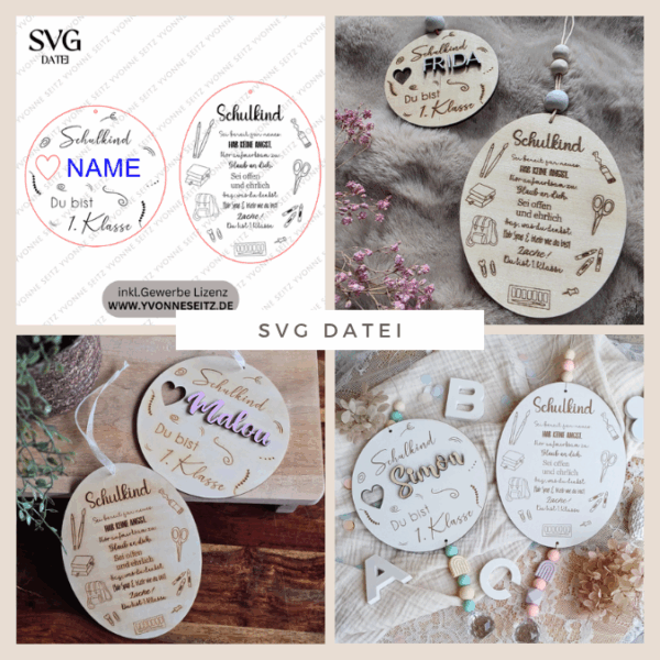 SVG Laserdatei 2er Set Holzscheibe Geschenkscheibe Schulkind Einschulung Geschenkidee Schulkind personalisierbar SVG Datei