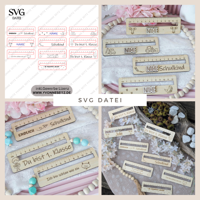 SVG Laserdatei Schulkind Einschulung Lesehilfe Lineal 10er Set personalisierbar Gescheinkidee Junge Mädchen SVG Datei