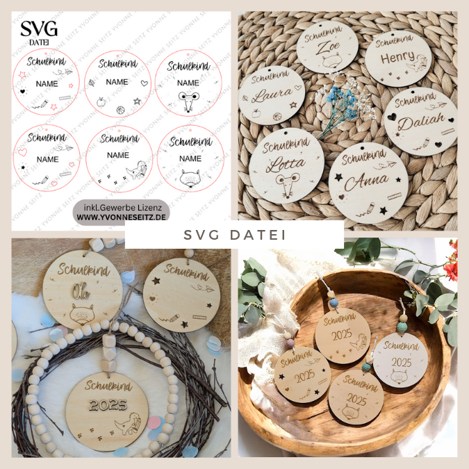 SVG Laserdatei Schulkind Einschulung Anhänger für Schulranzen Schultasche 6 Designs personalisierbar Gescheinkidee Junge Mädchen SVG Datei