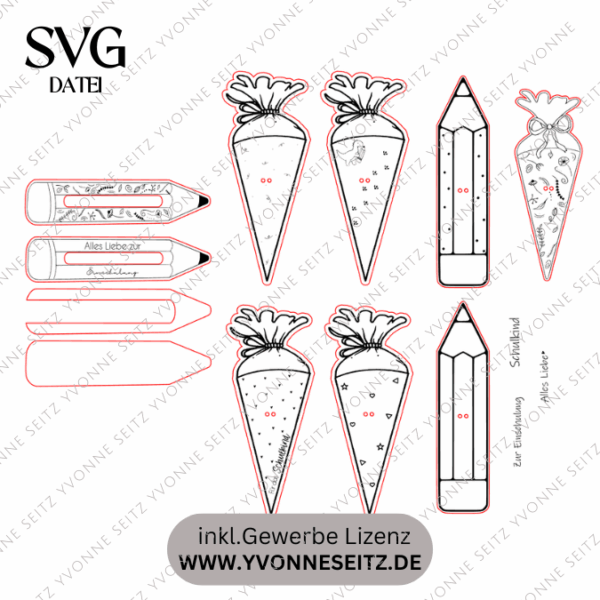 SVG Laserdatei Schulkind Einschulung Halter für Lolli Lutscher Geldgeschenke Schultüte Stift Gescheinkidee Junge Mädchen SVG Datei – Bild 2