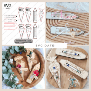 SVG Laserdatei Schulkind Einschulung Halter für Lolli Lutscher Geldgeschenke Schultüte Stift Gescheinkidee Junge Mädchen SVG Datei