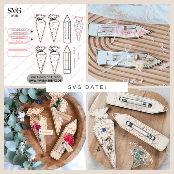 SVG Laserdatei Schulkind Einschulung Halter für Lolli Lutscher Geldgeschenke Schultüte Stift Gescheinkidee Junge Mädchen SVG Datei
