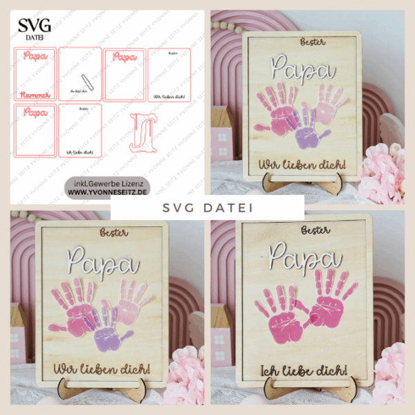 SVG Datei Bilderrahmen für Handabdruck Fußabdruck Hammer Männer Geschenkidee für Papa Vatertag Mann SVG Laserdatei Männergeschenk Mann Vater