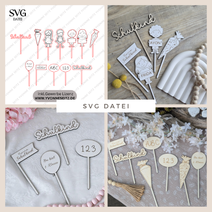 SVG Laserdatei Schulkind Einschulung 12er Set Caketopper Pflanzenstecker Gescheinkidee Junge Mädchen SVG Datei