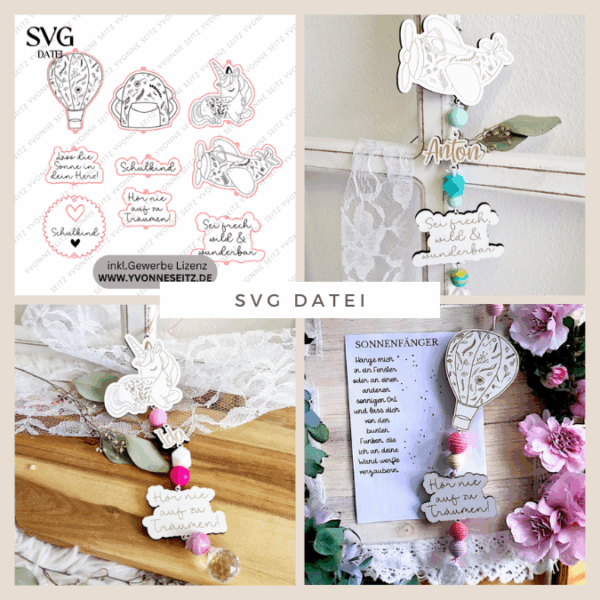 SVG Laserdatei Florale Sonnenfänger für Kinder Schulkind Einschulung Junge Mädchen Einhorn Flugzeug 9 Designs Geschenkidde für Kinder SVG-Datei