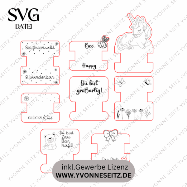 SVG Laserdatei Girls Scrunchie Halter Verpackung für Haargummis Scrunchies Mädchen Einhorn 8 Designs Geschenkidde für Kinder SVG-Datei