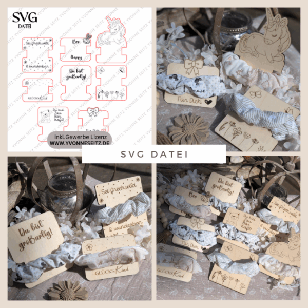 SVG Laserdatei Girls Scrunchie Halter Verpackung für Haargummis Scrunchies Mädchen Einhorn 8 Designs Geschenkidde für Kinder SVG-Datei