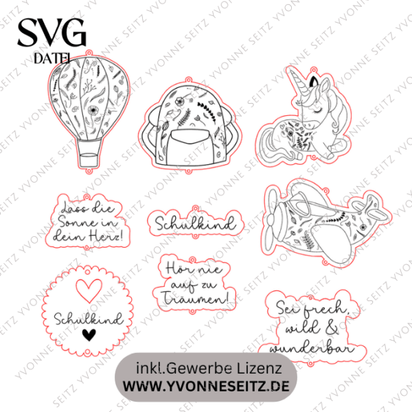 SVG Laserdatei Florale Sonnenfänger für Kinder Schulkind Einschulung Junge Mädchen Einhorn Flugzeug 9 Designs Geschenkidde für Kinder SVG-Datei