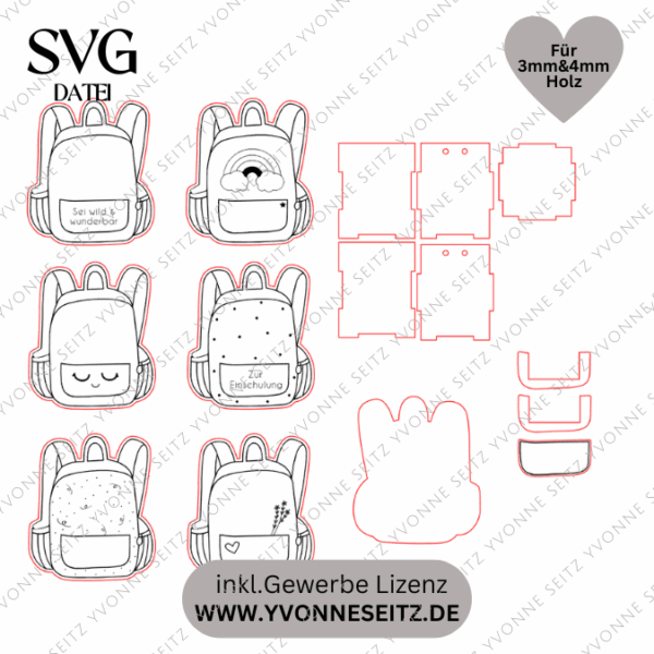 SVG Laserdatei Schulkind Einschulung Rucksack Schulranzen zum befüllen Gescheinkidee Junge Mädchen 3mm und 4mm SVG Datei – Bild 2