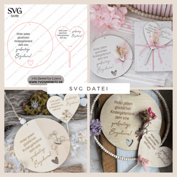 SVG Laserdatei 2er Set Holzscheibe Pflanzenstecker Geschenkscheibe Erzieherin Abschied Kindergarten SVG Datei