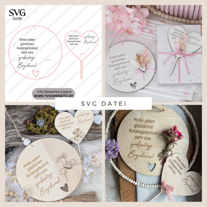 SVG Laserdatei 2er Set Holzscheibe Pflanzenstecker Geschenkscheibe Erzieherin Abschied Kindergarten SVG Datei