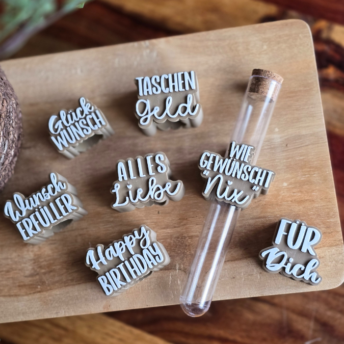 3D Druck Datei STL 7 Designs in 3 Größen Geburtstag Aufschieber Wunscherfüller für Reagenzglas Geldgeschenk happy birthday 3D-Druck Datei – Bild 3