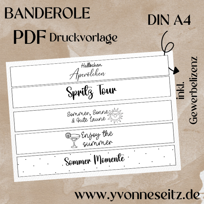 PRINT Druckvorlage PDF Banderole mit 5 Designs - Sommer - A4 Printable PDF Datei zum selber drucken
